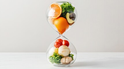 An hourglass filled with fresh fruits and vegetables symbolizing healthy eating and the passage of time.