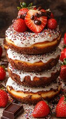 Stacked donuts with sprinkles and icing on a sweet background