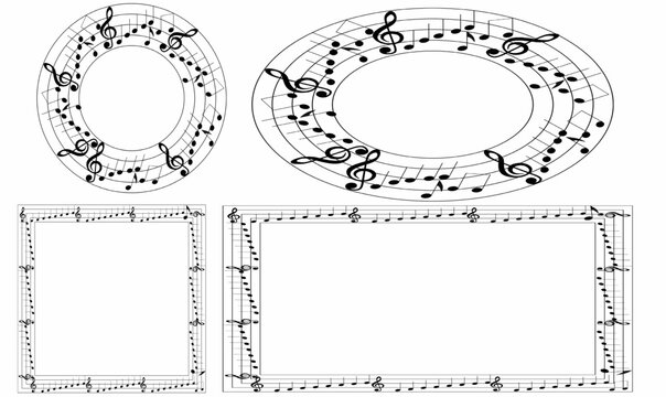 set vector illustration of  music themed frames. circular,round, oval, and rectangular, decorated with musical notes, clefs, and staffs. Ideal for text, design,posters, invites, and album art.