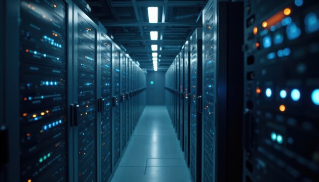 Exploring the Intricacies of a Modern Data Center Surrounded by High-Tech Servers and Bright Lights
