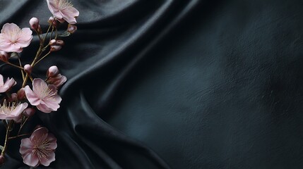 Delicate Pink Blossoms Resting on a Dark, Luxurious Silk Fabric