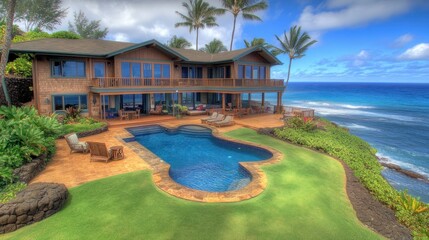 Obraz premium Luxurious oceanfront home with pool and deck.
