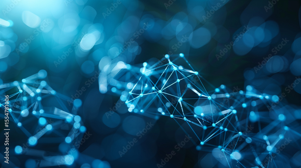 Poster a blue abstract network with connecting lines and dots on a dark blurred background design graphic