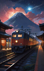 The picture depicts a Japanese train at a station platform under a large full moon and Mount Fuji in the background, with a dramatic sunset sky reflecting orange and pink hues.