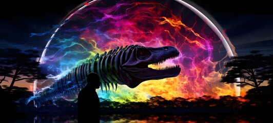 pop surreal unreal silhouettes spiral towards Iguanodon, ai generatif