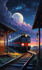 The picture depicts a Japanese train at a station platform under a large full moon and Mount Fuji in the background, with a dramatic sunset sky reflecting orange and pink hues.