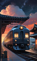 The picture depicts a Japanese train at a station platform under a large full moon and Mount Fuji in the background, with a dramatic sunset sky reflecting orange and pink hues.