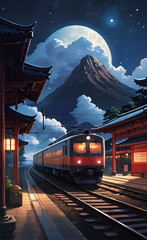 The picture depicts a Japanese train at a station platform under a large full moon and Mount Fuji in the background, with a dramatic sunset sky reflecting orange and pink hues.
