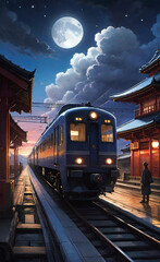 The picture depicts a Japanese train at a station platform under a large full moon and Mount Fuji in the background, with a dramatic sunset sky reflecting orange and pink hues.