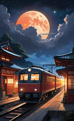 The picture depicts a Japanese train at a station platform under a large full moon and Mount Fuji in the background, with a dramatic sunset sky reflecting orange and pink hues.
