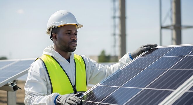 African American male engineer wearing safety gear inspects solar panel at outdoor solar farm, promoting renewable energy, green technology, and sustainable power generation