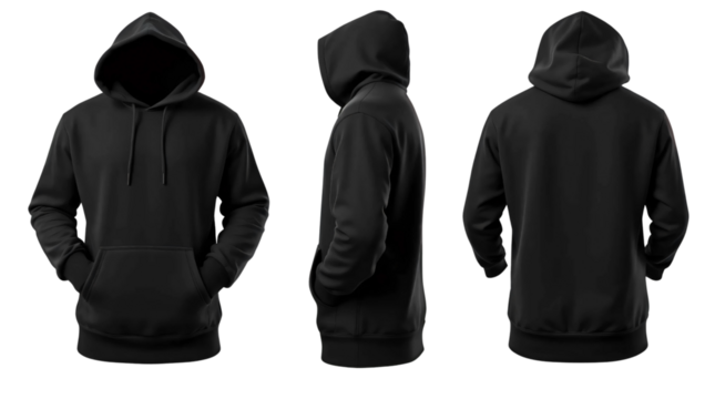 Blank black hoodie template. Hoodie sweatshirt long sleeve with clipping path, hoody for design mockup for print, isolated on transparent background.
