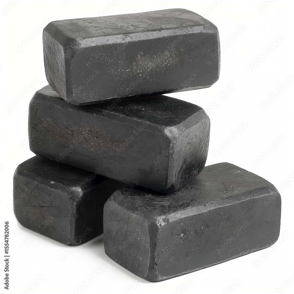 Poster a stack of four dark gray rectangular metal blocks with rounded edges on a white background close up