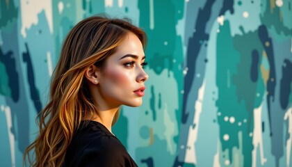 a woman standing in front of a wall adorned with a vibrant mural. she has long hair and is gazing off to her right
