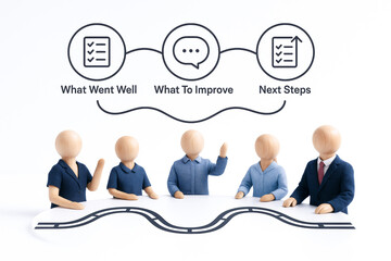 Group of five wooden mannequins dressed in business attire sitting at table with road design, discussing concepts of success and improvement, illustrating agile leadership and strategic planning