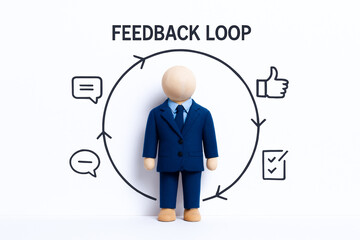 Doll dressed in blue suit standing in front of feedback loop diagram with icons of speech bubbles, thumbs up, and checklists, illustrating concept of agile leadership and feedback process