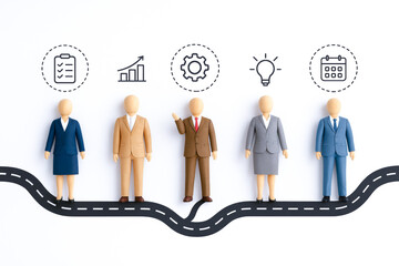 Group of five business figures formal attire standing winding road with icons above their heads representing planning, growth, management, ideas, and scheduling, illustrating agile leadership