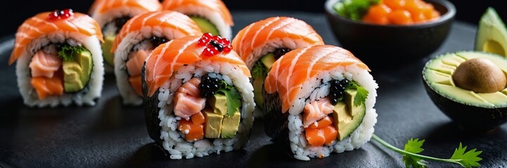 Fresh salmon nigiri and maki sushi with various ingredients served on black stone plates, creating an enticing culinary scene