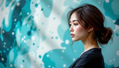 Fototapeta premium a woman in profile view, standing against a backdrop with a decorative, abstract pattern. she appears to be indoors, with the background showing through cut out spaces between the pattern elements