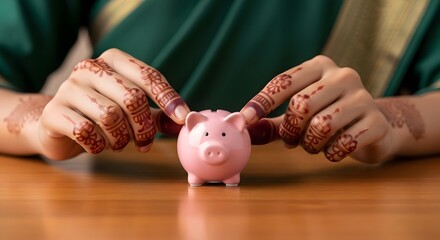 Saving Money A Woman with Henna Hands Places Coins in a Piggy Bank