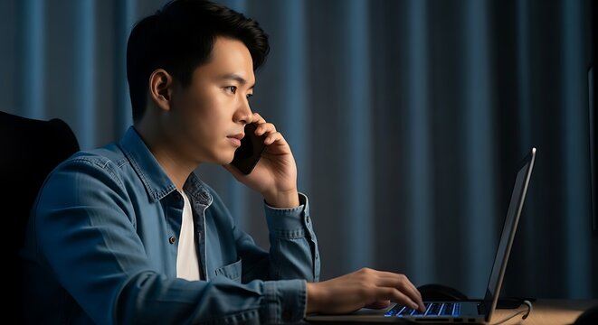 Young Asian man working late at night, multitasking on phone call and laptop, professional office environment, focused male in casual shirt under modern blue light