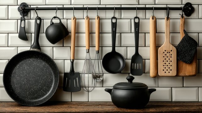 Kitchen utensils hanging on a rail above a wooden countertop
