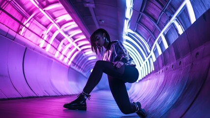 Woman wearing silver jacket, black leggings kneeling inside curved tunnel glowing with purple and blue neon, generating futuristic cyberpunk aesthetic