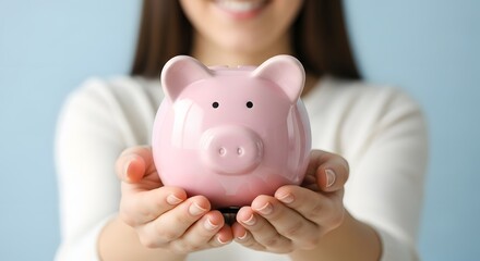 Woman Holding Pink Piggy Bank Saving Money & Financial Goals