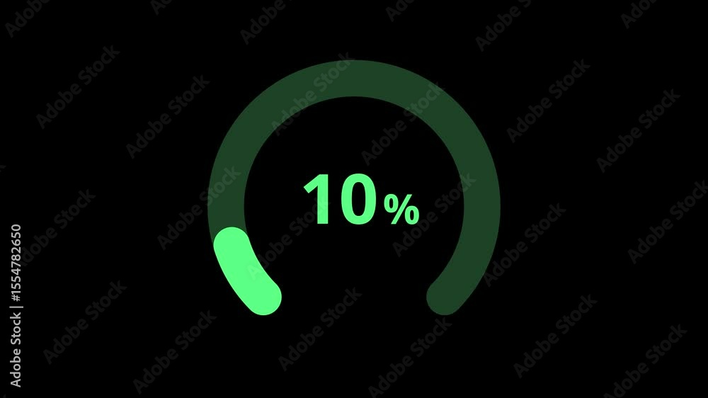 Poster smooth neon green arch progress animation from 5 to 100 percent on a black background. numbers fade 