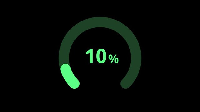 Smooth neon green arch progress animation from 5 to 100 percent on a black background. Numbers fade in softly as the stroke gradually extends. Ideal for UI, data dashboards, and infographics.