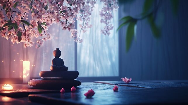 A serene meditation scene with a Buddha statue, soft candlelight, cherry blossoms, and lotus petals creating a calming ambiance. - Powered by Adobe