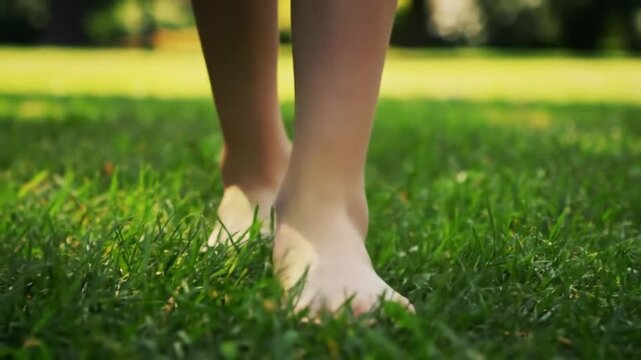 Bare feet walking on lush green grass in a sunlit outdoor setting with a blurred background