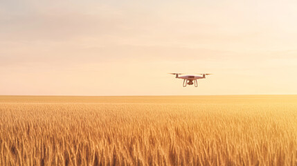 Agricultural drone flying above golden wheat field during sunset, capturing expansive landscape with high-resolution camera, representing precision farming technology