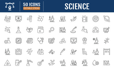 Science line editable icon set. Containing biology,
laboratory, experiment, scientist, research, physics,
chemistry and more. Vector illustration