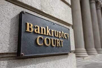 A close-up image of a "Bankruptcy Court" sign mounted on a stone building wall with classical columns in the background.