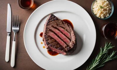 Delicious grilled steak with red wine sauce, rosemary, fork and knife on white oval plate on gray background