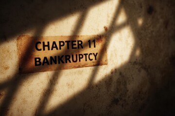 A worn label with "Chapter 11 Bankruptcy" is illuminated on a textured surface, symbolizing financial distress and legal restructuring.