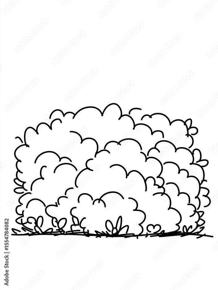 Poster sketch of a large bush with small leaves at the base in black and white simple line drawing style