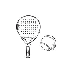 Fototapeta premium Padel racket and ball hand drawn in black and white. 