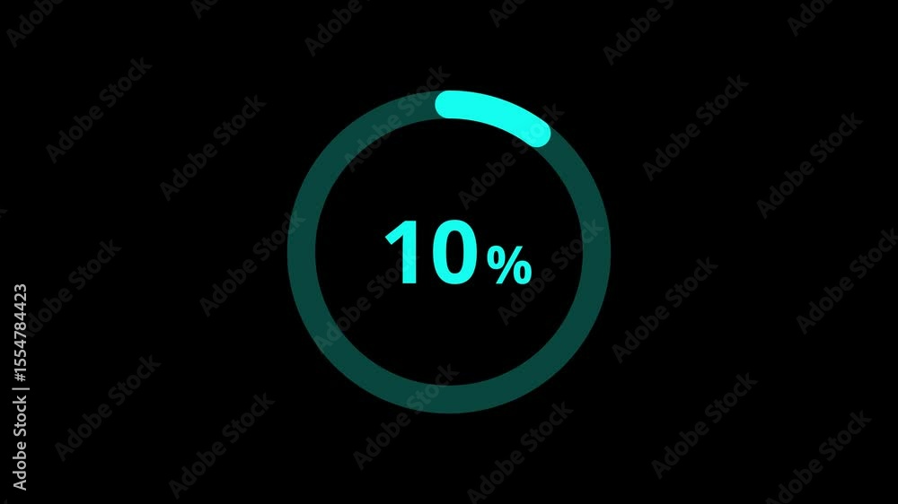 Poster smooth turquoise blue circular progress animation from 5 to 100 percent on a black background. numbe