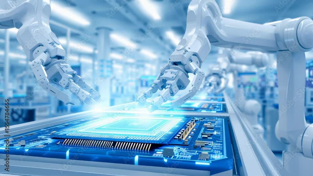 Poster automated robotic arms processing circuit boards in high-tech manufacturing facility. precision mach