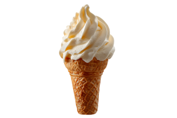 Ice cream cone vanilla swirl top close-up dessert scene food item focus isolated on transparent background 