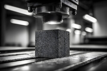 Concrete block undergoes compression testing in a laboratory setting. Illustrates construction material science for durability in engineering.