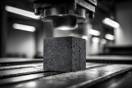 Concrete block undergoes compression testing in a laboratory setting. Illustrates construction material science for durability in engineering.