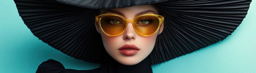 Stylish woman in black with huge pleated hat and yellow lenses, turquoise backdrop