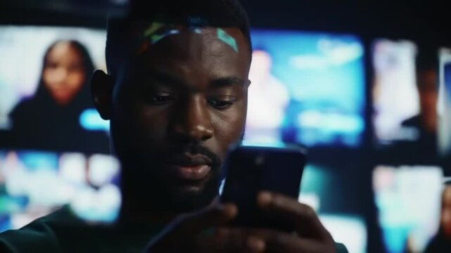 Man using smartphone in front of multiple screens displaying various content in a modern setting
