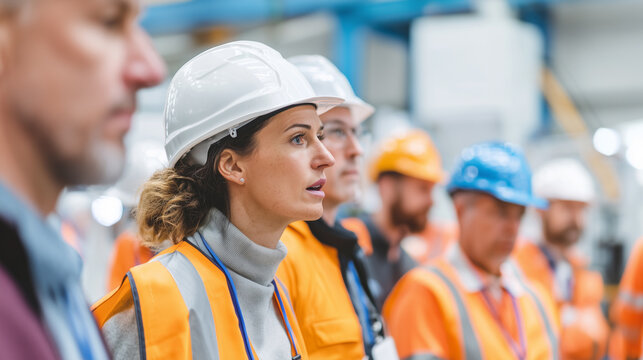 Diverse factory workers in hard hats and vests attending a safety briefing. Focused female employee in foreground. Industrial workplace, health and safety, manufacturing team collaboration.