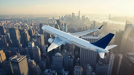 Airplane flying over New York City skyline at sunrise. Passenger jet aircraft soaring above urban landscape. Stunning aerial view perfect for travel agency brochures, tourism websites, and video - Powered by Adobe