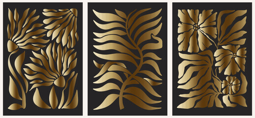 Abstract groovy posters flowers in gold tones. Modern trendy Minimal style. Hand drawn design for wallpaper, wall decor, print, postcard, cover, template, banner.