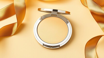 Open Compact Powder with Silver Rim on Beige Background